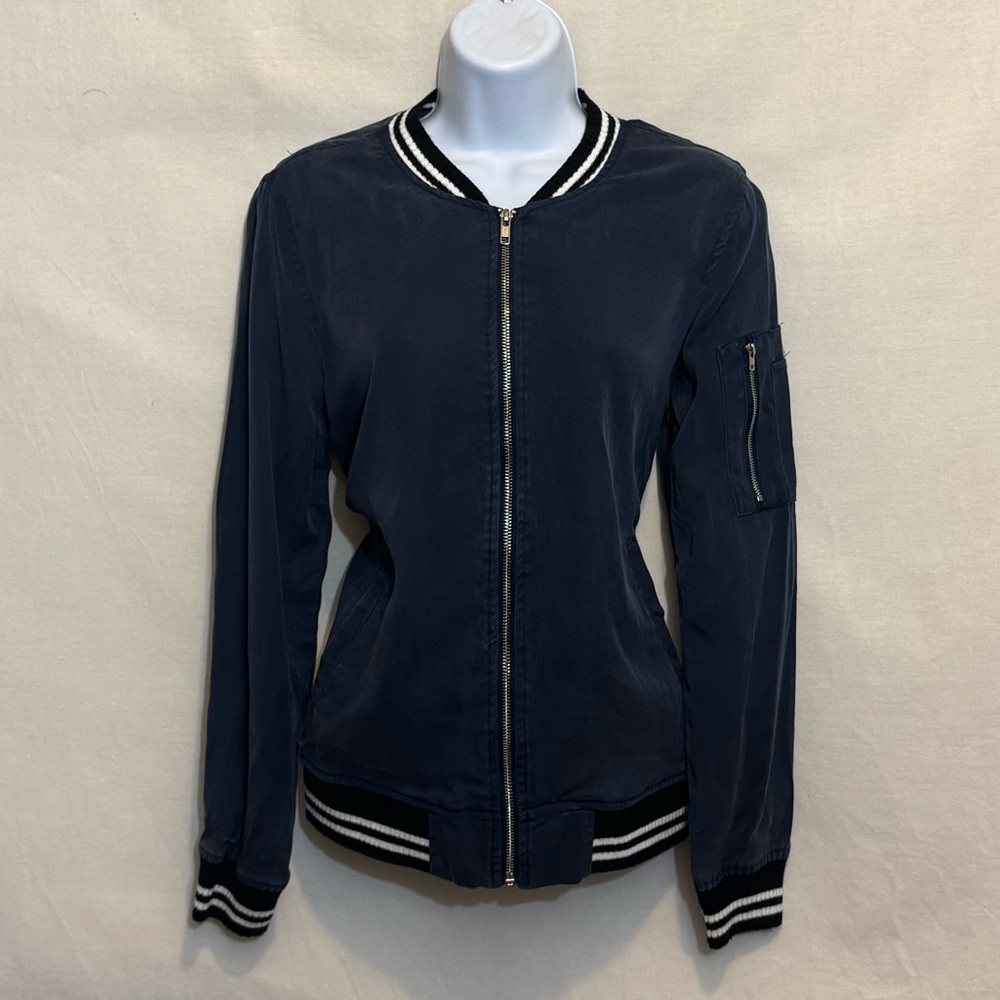B-287 Harlowe & Graham Blue Stripe Cuff‎ Bomber Jacket Size S